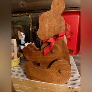 Vintage Wooden Bear Decor with Red Bow